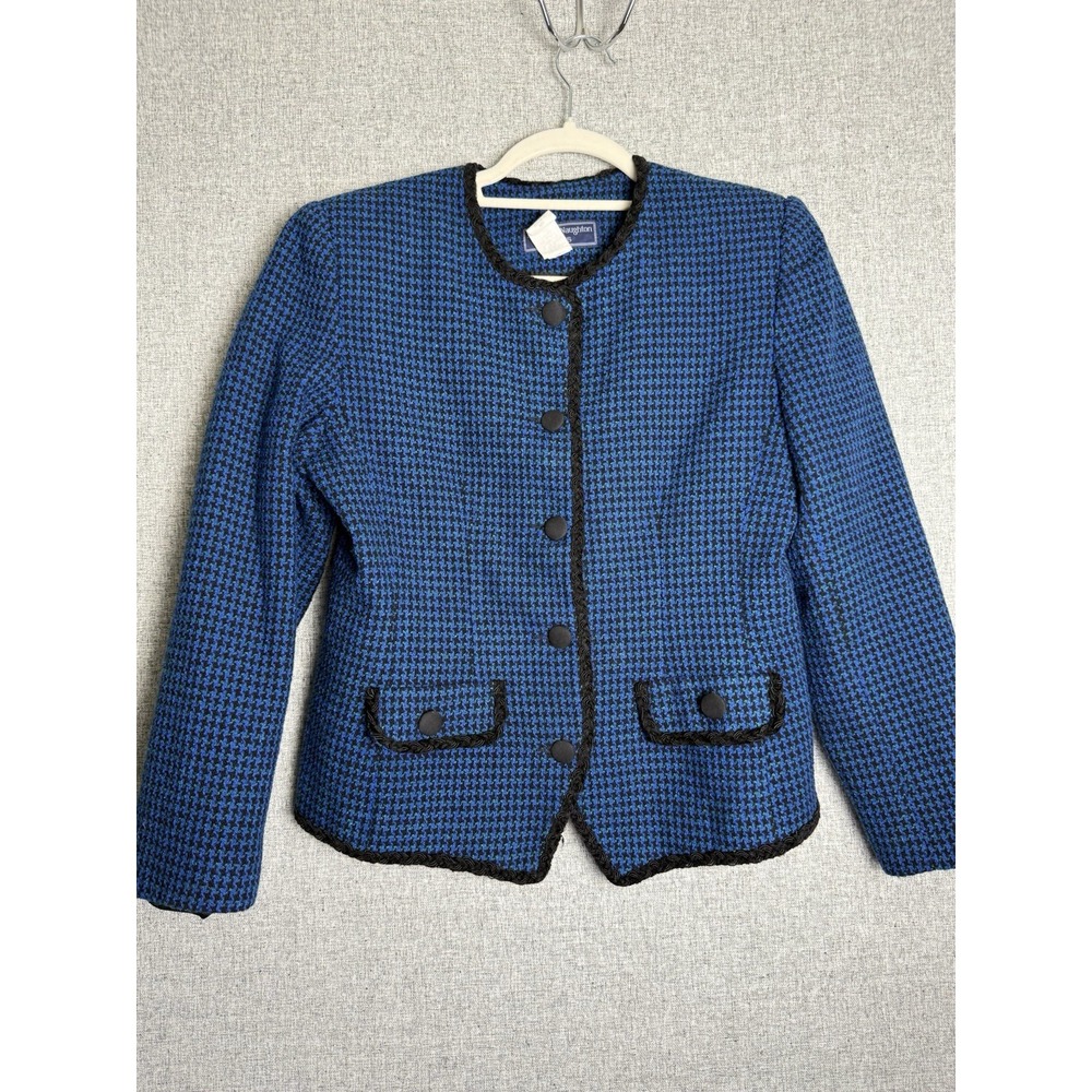 Vintage 90s Blue‎ Black Velvet Boucle Tweed Cropped Blazer Jacket Coat MEDIUM